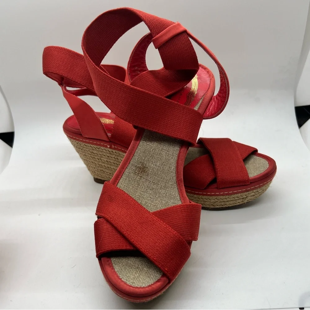 Elie Tahari Elastic Strap Red Espadrille Wedge Sandals